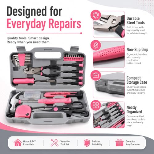 62-Piece Household Tool Kit with Pink Storage Case, Home Repair Tool Set with Hammer, Pliers, Screwdrivers, Hex Keys, Tape Measure, Utility Knife and Scissors for DIY, Apartment, Dorm and Office