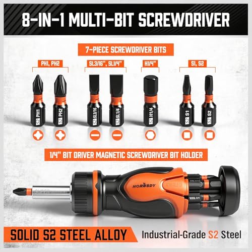 HORUSDY Magnetic Portable Screwdriver Bit Set: 8-in-1 Ratcheting Screw Driver Includes 1/4”Bit Driver Holder, 7 Screwdriver Bits with Phillips, Slotted, Square, Hex, for Garage & Daily Repair - style: 8-in-1 Ratcheting Screw Driver Set