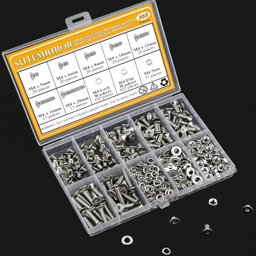 385 Pieces M4 Screws Nuts Washers Set, Sutemribor M4 x 5/6/8/10/12/16/20mm Countersunk Head Socket Cap Screws Nuts Washers Assortment Kit, 304 Stainless Steel, Fully Threaded - size: M4, style: Countersunk Head Socket Cap