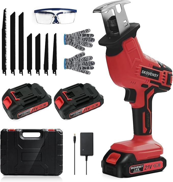 Cordless Reciprocating Saw for Home & Outdoor Use, 2×2.0Ah Batteries, Variable Speed, Red Compact Saw Kit with Blades for Wood/Metal/PVC Cutting – Ideal for DIYers & Gardeners in All Seasons