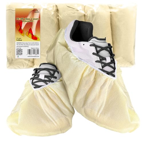 AMZ Medical Supply Yellow Disposable Shoe Covers for Indoors/Outdoors, 18 Inch. Pack of 20 (10 Pairs) Waterproof Disposable Boot Covers. Durable PP+PE 82 GSM Booties to Cover Shoes with Secure Elastic