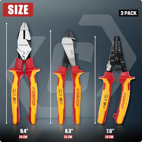 3 PCS Insulated Pliers Set, 1000V Insulated Electrical Tools Kit with Wire Stripper, Linesmen & Diagonal Cutters, VDE Certified