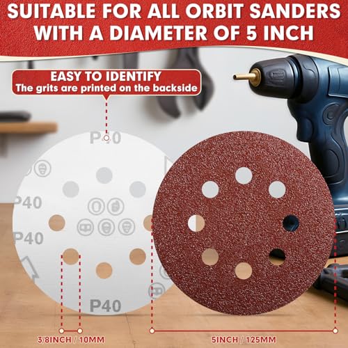 JTIEO 100PCS Sanding Discs 5 Inch, 180 Grit Orbital Sander Pads, Hook & Loop Sandpaper Pads, 8 Hole Round Sanding Discs for Random Orbital Sanders - style: 180Grit-100pcs