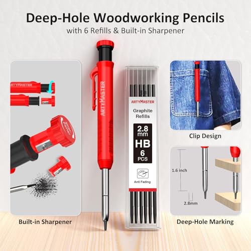 8 inch 3D Multi-Angle Measuring Square Ruler, WT103C High Precision Hole Scribing Woodworking Tools, 0-90° Aluminum Alloy Carpenter Square with Stair Gauges, Carpenter Pencils 6 Refills. - color: 8 inch Square+Pencil+Stair Gauge, style: Imperial