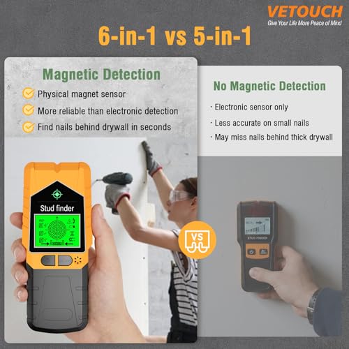 6 in 1 Stud Finder Wall Scanner, Electronic Stud Detector with LCD Display & Sound Alarm, Magnetic Stud Sensor for Wood, Metal, AC Wire, Pipe Detection in Walls, Ceilings, Floors-Orange - color: Orange + Black