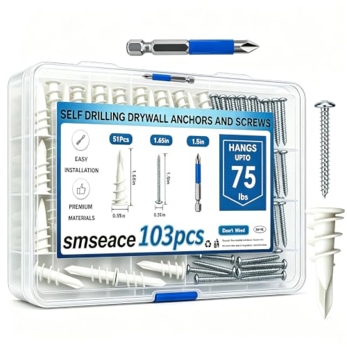 smseace 103Pcs Self Drilling Drywall Anchors with Screws Kit, 51Pcs #8-1-1/2” Self-Tapping Screw, 51Pcs Drywall Anchor, 1Pcs Drill bit Holds Upto 75lbs - color: White