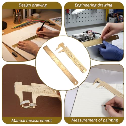 Pocket Caliper 1 PCS 6.4 in Straight Brass Ruler and 1PCS 4.6 in Brass Pocket Calipers with Double Scale Sliding Gauge Bead Measuring Tool Metal Calipers BrassRuler Millimeter Gauge Mini Caliper
