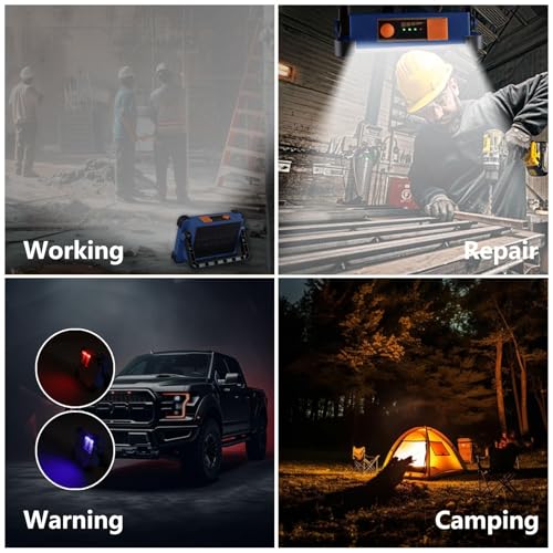 120W Solar Rechargeable Work Light, 144 LED Portable Flood Light with Stand, IP66 Waterproof 4 Modes LED Job Site Lighting Flashlights for Mechanic Camping Fishing Car Repair - color: Blue