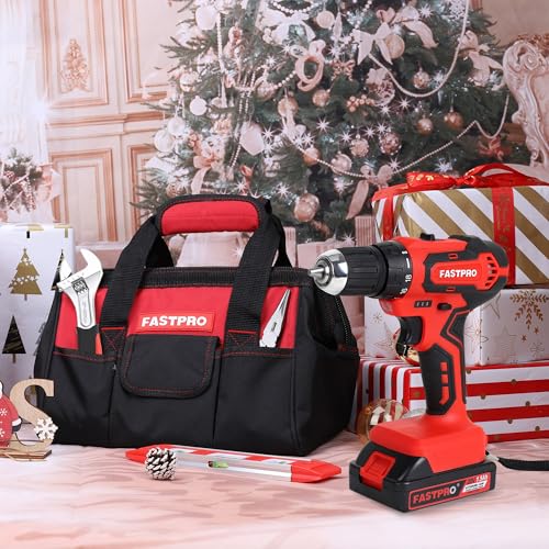 FASTPRO Home Tool Set with Drill, Household Repairing Tool Kit, Red - color: Red