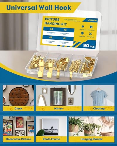 Uniclife 90 Pcs Heavy Duty Picture Hanging Kit, Picture Hanging Hooks,Gold - size: 90 Pcs, style: Gold