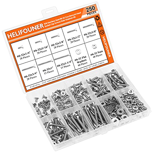 HELIFOUNER 250 Pieces #6-32 x 1/4" 5/16" 3/8" 1/2" 5/8" 3/4" 1" 1-1/4", Countersunk Head Socket Cap Screws Bolts Washers Nuts Kit, Coarse Thread, Fully Machine Threaded, 304 Stainless Steel - size: #6-32, style: Countersunk Head