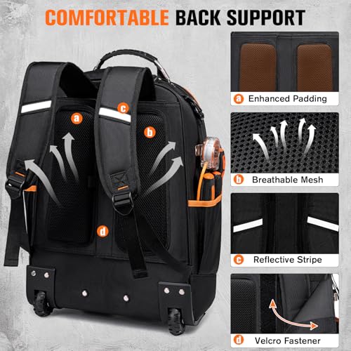 AUROPEAK Rolling Tool Backpack, 47 Pocket Heavy Duty Tool Bag with Wheels - size: 1.57" Wheel