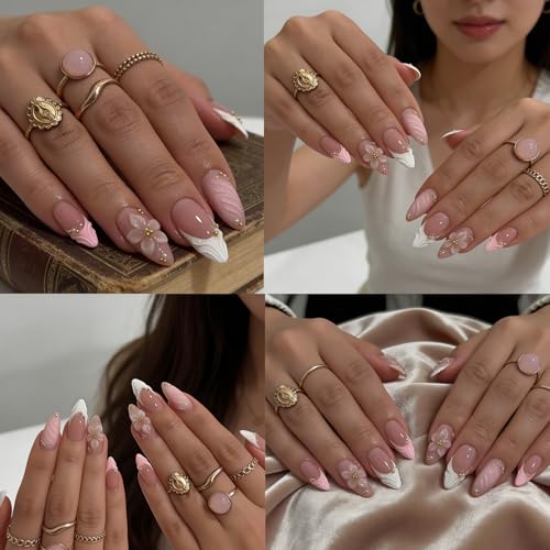 24Pcs Press on Nails Almond - Medium French Tip 3d Fake Nails with Embossed Flower Designs, Glossy Finish Reusable False Nails with Glue Tabs - 24Pcs Nail Kit (pink french tip flower) - color: pink french tip flower
