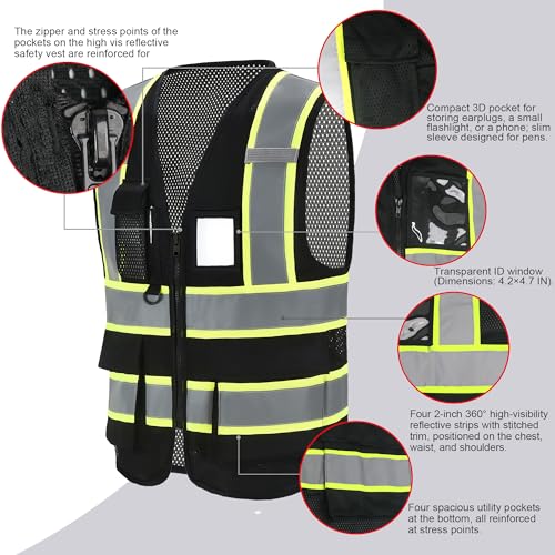 A-SAFETY Mesh High Vis Vest, Reflective Construction Vest with Pockets - color: Black, size: XX-Large