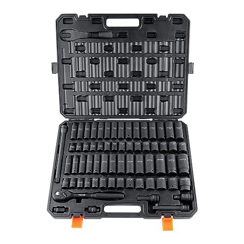 VEVOR 1/2" Drive Impact Socket Set 65 Piece, 3/8" to 1-1/4" and 10-24mm - size: 1/2" 65 PCS