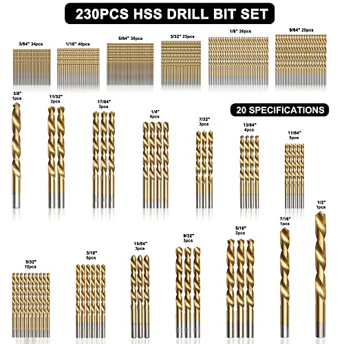 GMTOOLS 230 Pcs Drill Bit Set, 135° Tip Titanium Coated High Speed Steel, Twist Drill Bit Kit for Iron, Aluminum Alloy, Copper, Wood, Plastic, with Hard Storage 1/16"-3/8" - style: 230PCS
