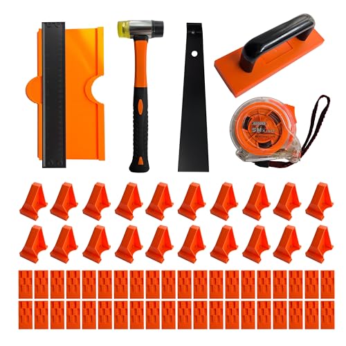 Laminate Flooring Tools, 65-Piece Wood Flooring Installation Kit with Double-Faced Rubber Mallet, 10” Contour Gauge, Tapping Block with Handle, 60-Piece Flooring Spacers, Pull Bar, Tape Measure
