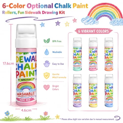 6 Pcs Roller Sidewalk Chalk Paint Set, Washable Powdered Chalk Mix in Water with Foam Rollers, Outdoor Art Graffiti Toy Kit for Kids Driveway, Playground and Sidewalk Paint (6 Colors)