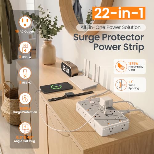 6 FT Surge Protector Power Strip with 6 USB, 16 Outlets, 2400J - color: White / Gray, size: 6 FT