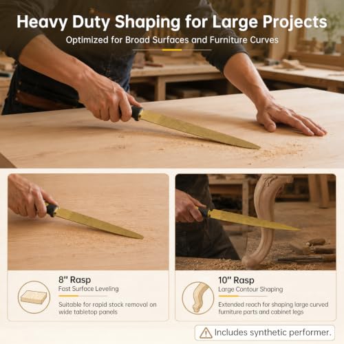 5 PCS High Carbon Steel Golden Wood Rasp, Double Sided Tapered and Half Round Rasp File, 4"-6"-8"-10" for Woodworking/Carving/Sharping with Rubber Handle