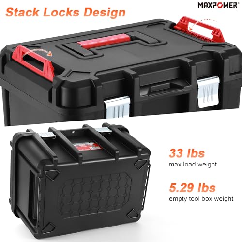 MAXPOWER 16-inch Stackable Tool Box, with Metal Latches, Removable Tray - size: 16", style: 16" black