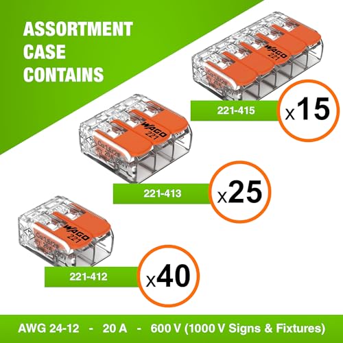 WAGO 221 Series 80pc Compact Splicing Wire Connectors | Includes (40x 221-412) (25x 221-413) (15x 221-415) | WAGO Wire Connectors | Electrical Splicing Lever Nuts | 221 Series Lever Nuts | 2-3-5 Ports - style: NAA221-80