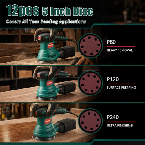 HYCHIKA 5-Inch Orbital Sander with Upgraded Vacuum Dust Collector, 300W Motor 6000-13000 OPM 6 Variable Speeds with10 Pcs Sandpapers for Furnitur, Refinishing & DIY