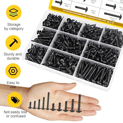 170Pcs #8#10 Modified Truss Head Self Tapping Sheet Metal Screws Kit - size: 445pcs #8#10 Black