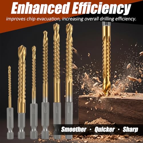 6 Pack Titanium Coated HSS Twist Drill Bit 3-8mm Serrated Side Cutting Drill Bit Hex Shank Serrated Cutting Bits Woodworking Tools for Wood Metal Plastic Hole
