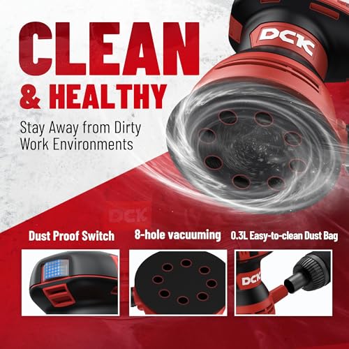 DCK Random Orbital Sander, 3.0 AMP Corded Palm Sander, 6 Speeds Max 12,000 OPM, 5-Inch with 10 pcs Sandpapers, Dust Bag, Low Vibration for Woodworking, Decoration Furniture (KSA125)