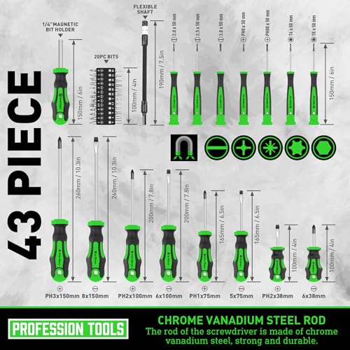Magnetic Screwdrivers Set with Case, Amartisan 43-piece Includs Slotted, Phillips, Hex, Pozidriv,Torx and Precision Screwdriver Set, Magnetizer Demagnetizer Tools, Tools for Men (Green)) - style: 43-piece Screwdrivers Set (Green)