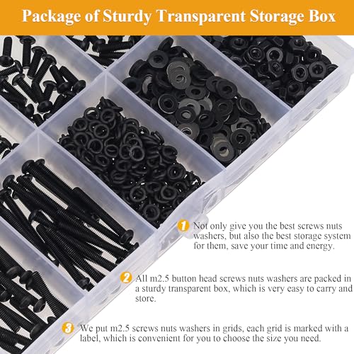 705 Pieces M2.5 Screws Nuts Washers Set Black, Sutemribor M2.5 x 4/6/8/10/12/16/20mm Button Head Socket Cap Screws Nuts Washers Assortment Kit, 10.9 Grade Alloy Steel, Fully Threaded - size: M2.5 x 4/6/8/10/12/16/20mm Kit, style: Button Head