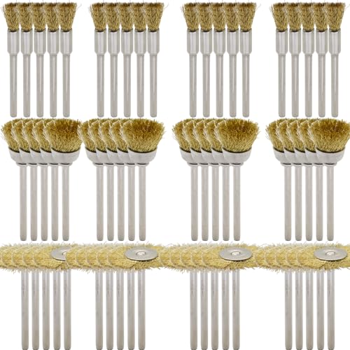 60-Piece Brass Wire Brush Set - Metal Rust Removal, Polishing, Cleaning - 1/8″ (3mm) Shaft - Removes Burrs, Dust, and Oxide Layer - Handles Rough Surfaces - Rotary Tool Accessories - style: Set of 60 Brass Wire Brushes