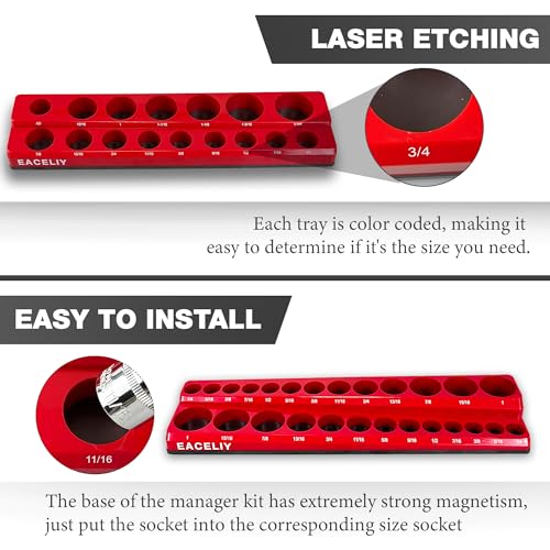 EACELIY Magnetic Socket Organizer Set,SAE Socket Holder Kit, Socket Trays，holds 68 Deep and Shallow 3/8" Sockets(sockets not included) 丨3PC 1/2",1/4" and 3/8"（Red） - size: 3PCS SAE 1/2&3/8&1/4