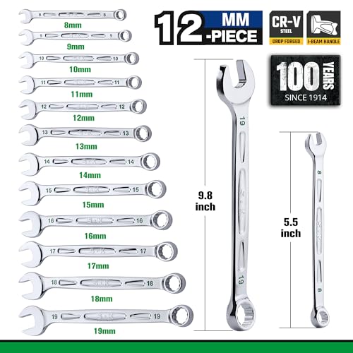 SK Combination Wrench Set, Metric 8 to 19mm, 12-Piece, Premium CR-V Steel - size: Metric