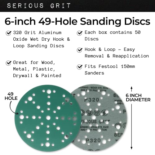 Serious Grit - 6-Inch 49-Hole P320 Grit Sanding Discs - 50 Pack Box - size: 320 Grit