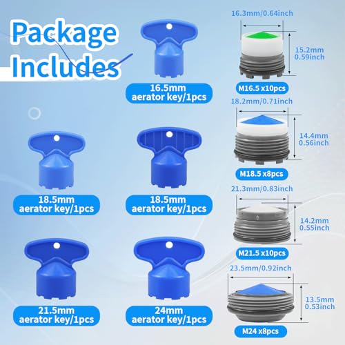 36Pcs Faucet Aerator Kit with 5 Sizes Aerator Key Removal Tools, Replacement Sink Tap Flow Restrictor Inserts for Bathroom and Kitchen, M16.5 M18.5 M21.5 M24 mm