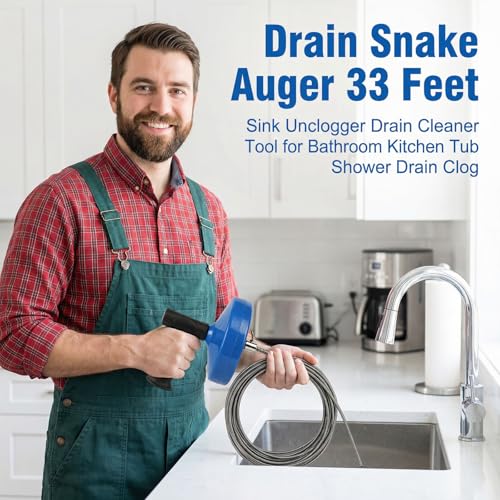 33 ft Drain Snake Auger with Extra 33ft Replacement Cable, Plumbing Snake for Sink Shower Tub, Manual Drum Auger, Extra Long Pipe Clog Remover Tool with Hair Remover Tool & Gloves - color: Drain Snake Auger