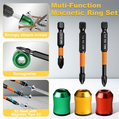6 Pcs Magnetic Screw Holder Ring with 3 Pcs Ph2 Screwdriver Bit Set, 1/4" Universal Strong Magnetic Ring, Removable Screwdriver Bit Holder Tool for Drill Bits & Hex Screwdrivers