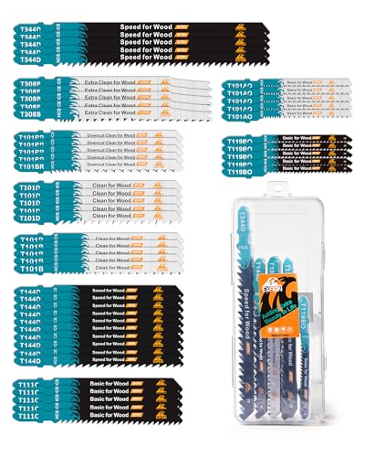 50PCS T-Shank Jig Saw Blades Set, EXFEIN Assorted Blades for Wood (T101AO,T101B,T101BR,T119BO,T308B,T144D,T111C,T344D) - size: Set 4 (T101AO-T344D)