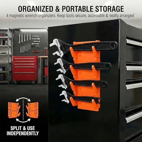 HORUSDY 4-Piece Adjustable Wrench Set With 4-Piece Magnetic Wrench Organizer Racks, 6" 8" 10" Wide Jaw Black Oxide Wrenches with Tool Roll Pouch, Metric&SAE Scales, CR-V Steel for Home Garage Workshop - style: 4PC Wide Jaw Set (6" 8" 10" 12") +4PC Magneti