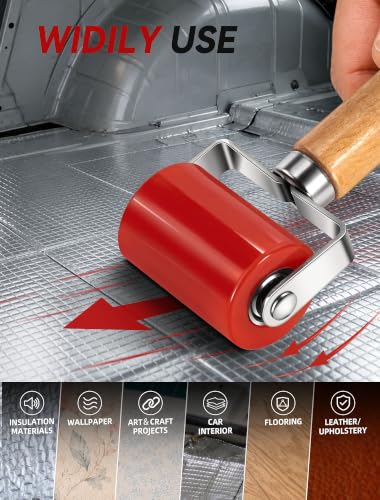LUMITECO Automotive Sound Deadening Roller Tool, Upgraded Dual Bearing PU Seam Roller with Ergonomic Wood Handle for Car Audio Sound Deadener, Heat Insulation Mat Installation, Wallpaper, Vinyl Wrap - color: Red