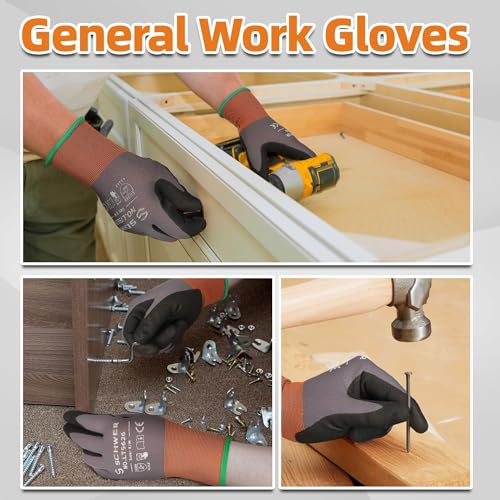 Schwer 6 Pairs Work Gloves Sandy Nitrile Coated, Touchscreen, LT5626, L - color: Grey, size: Large