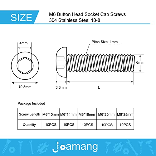 M6 x 10mm 14mm 18mm 20mm 25mm Button Head Socket Cap Screws Bolts, Stainless Steel 304, Metric Allen Hex Drive, Bright Finish, Fully Threaded, Assortment Kit 50PCS - size: Button M6x10-25 mm