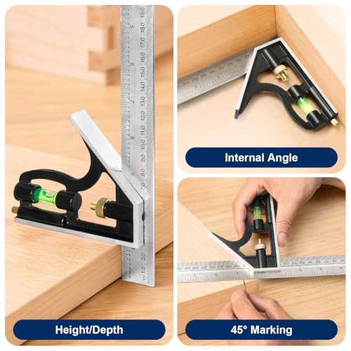 Combination Square 12 Inch and 7 Inch Carpenter Square Tool Set | Aluminum Rafter Square for Framing, Adjustable Combo Square with Stainless Steel Ruler for Carpentry and Woodworking