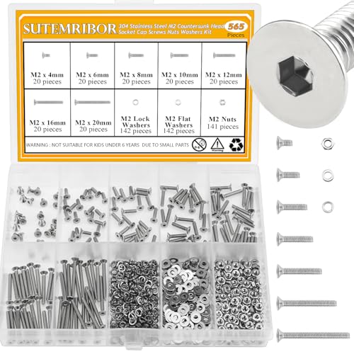 565 Pieces M2 Screws Nuts Washers Set, Sutemribor M2 x 4/6/8/10/12/16/20mm Countersunk Head Socket Cap Screws Nuts Washers Assortment Kit, 304 Stainless Steel, Fully Threaded - size: M2, style: Countersunk Head Socket Cap