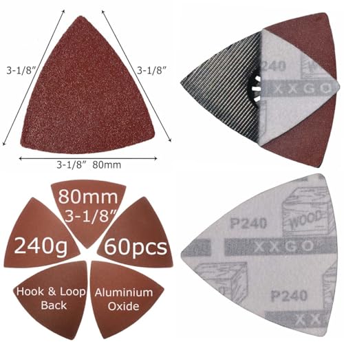 XXGO 60 Pcs 240 Grits 3-1/8 Inch 80mm Triangle Oscillating Sandpaper - size: 3-1/8 Inch Triangle - 240 Grit - 60 Pcs