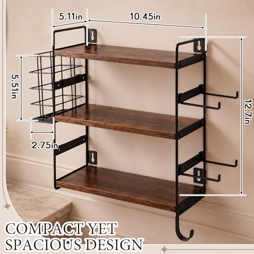 Nuanchu 3-tier Wall Mounted Hair Dryer Holder, Adjustable Wood & Metal Hair Tool Organizer with Detachable Basket & Side Hooks, Rust-resistant for Bathroom Vanity, Kitchen, Toiletries (Rustic Brown)