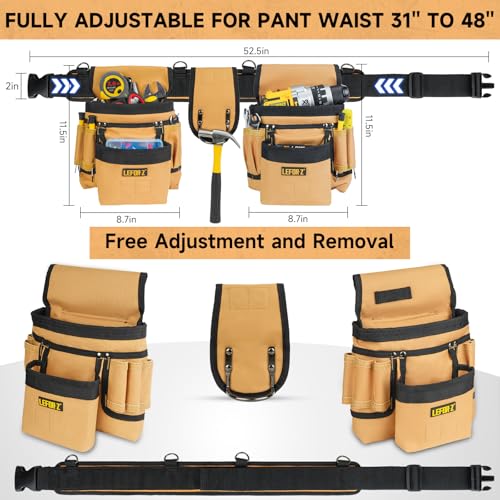 LEFOR·Z Tool Belt with 4 D-Rings,27-Pockets Tool Belts for Men,Construction - color: Brown & Black, size: 27 Pockets with Magnet Pouch