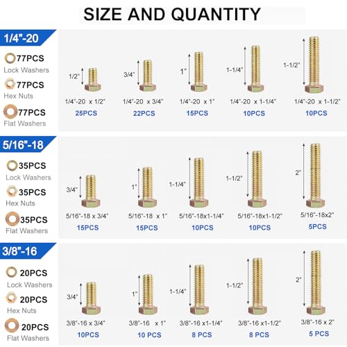 574PCS SAE Bolt and Nuts Assortment Kit - size: 574pcs 1/4"-20 5/16"-18 3/18"-16